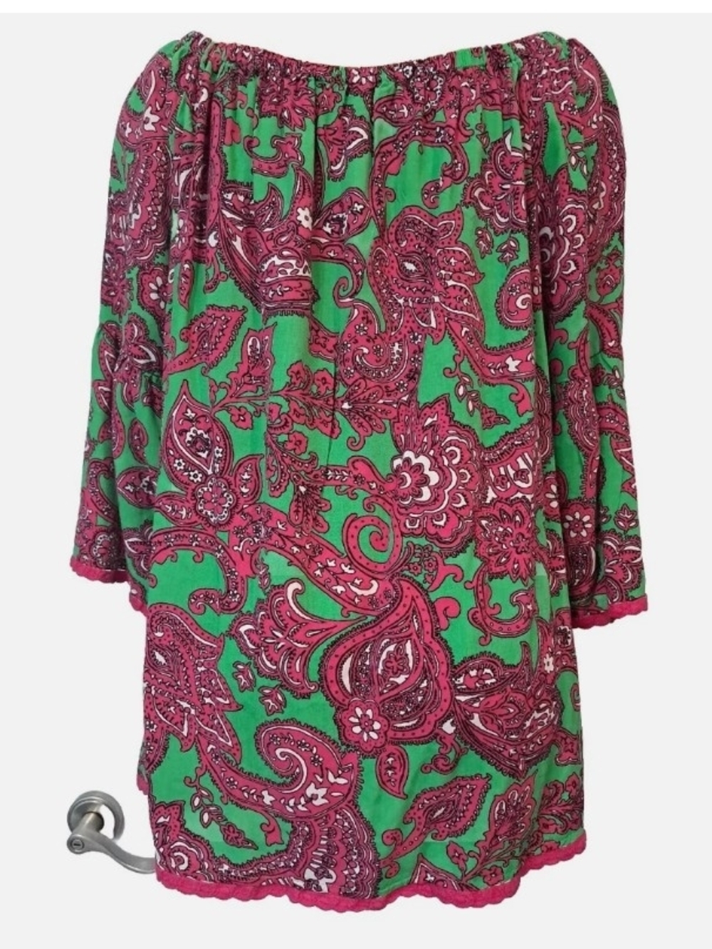 Crown & Ivy Pink and Green Paisley Off-Shoulder Top